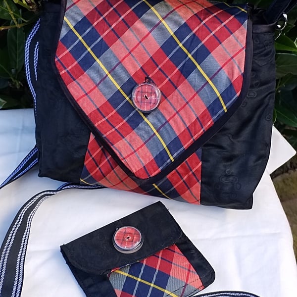 Repurposed Tartan Silk Tie Crossbody Bag with matching Purse 