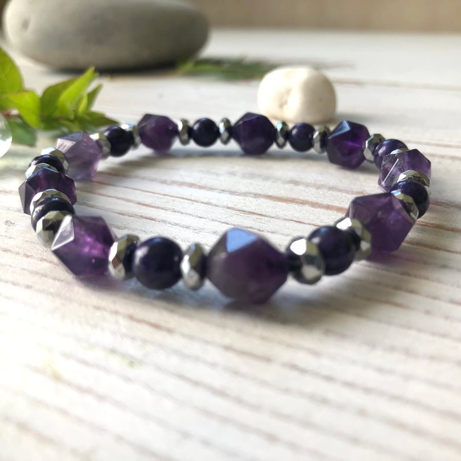 Amethyst & Purple Charoite Semi Precious Gemstone Beaded Stretch Bracelet. 