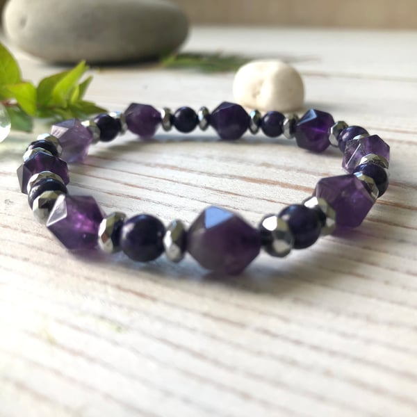 Amethyst & Purple Charoite Semi Precious Gemstone Beaded Stretch Bracelet. 