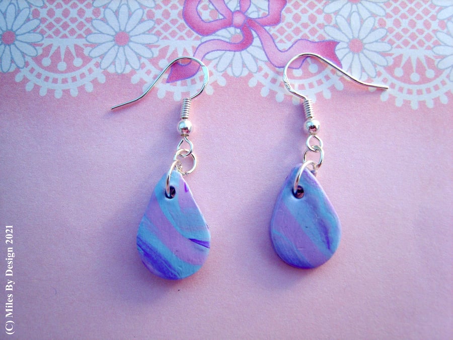 Sterling Silver and Polymer Clay Lilac & Blue Marbled Tear Drop Earrings