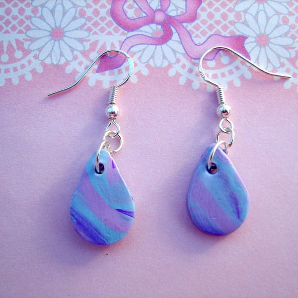 Sterling Silver and Polymer Clay Lilac & Blue Marbled Tear Drop Earrings