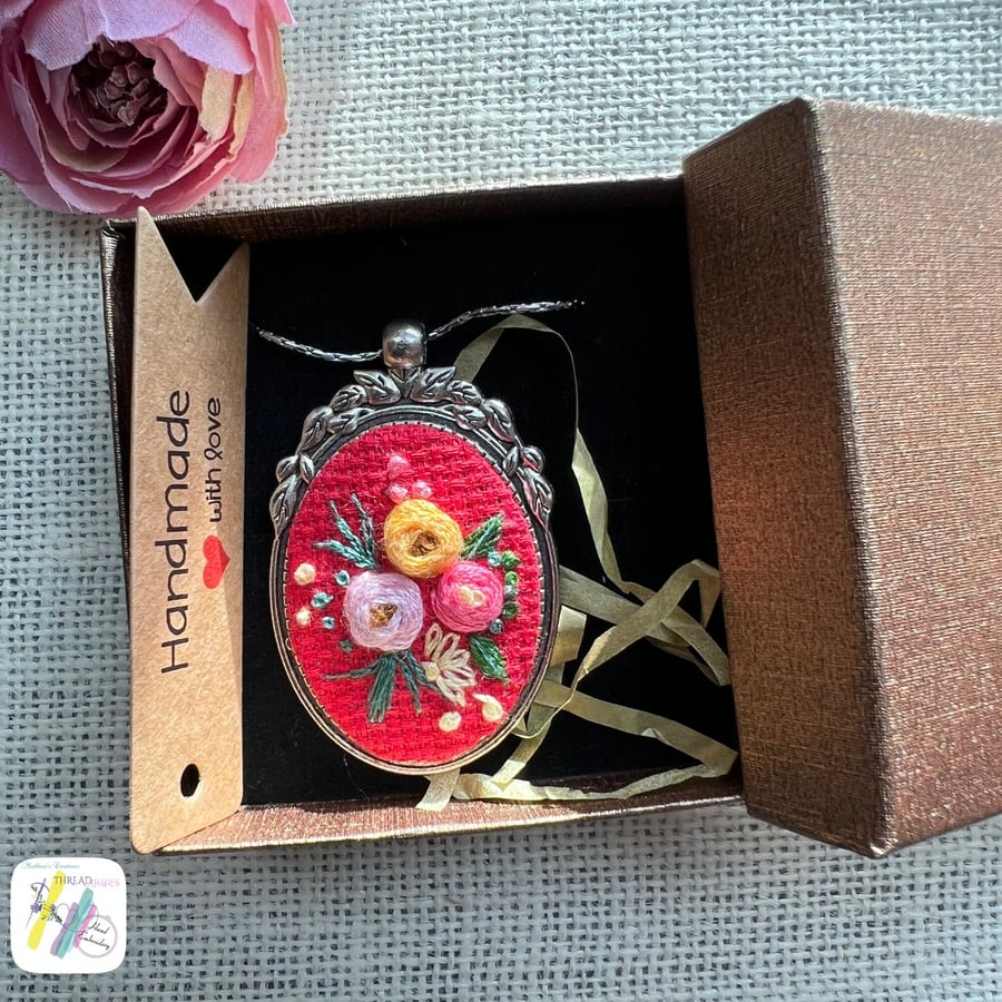 Red Hand embroidery pendant , floral pendant , gift for her, Mother s Day gift, 