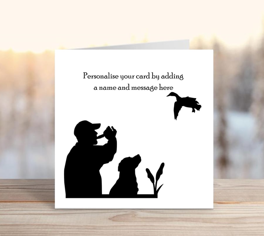 Duck Call - shooter and dog personalised greetings card