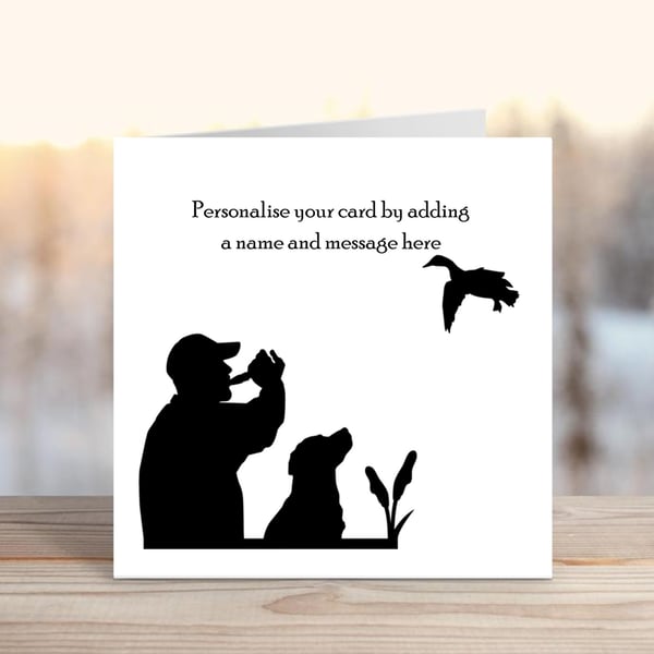 Duck Call - shooter and dog personalised greetings card