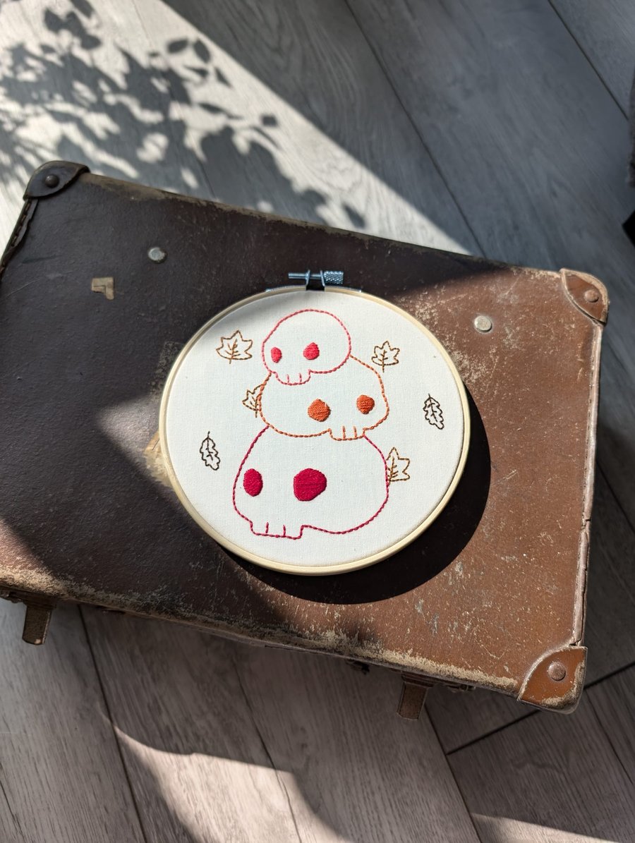 Hand embroidered autumn halloween skulls, wall art