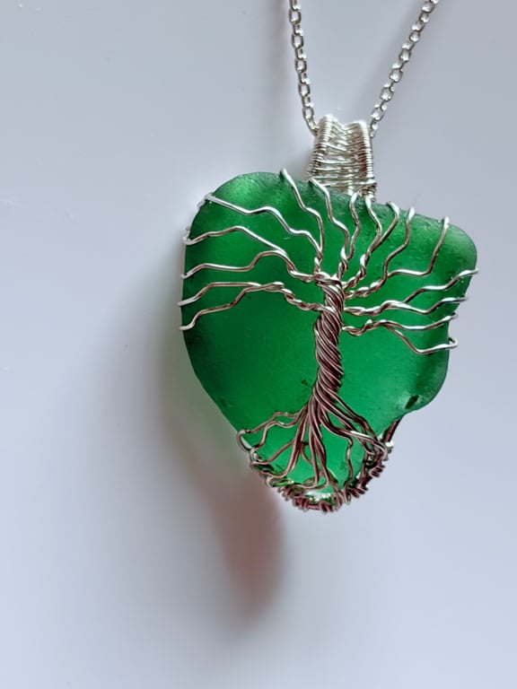 Sea Glass Necklace Gift for Her – Scottish Beachcombed Sea Pendant –Tree of Life