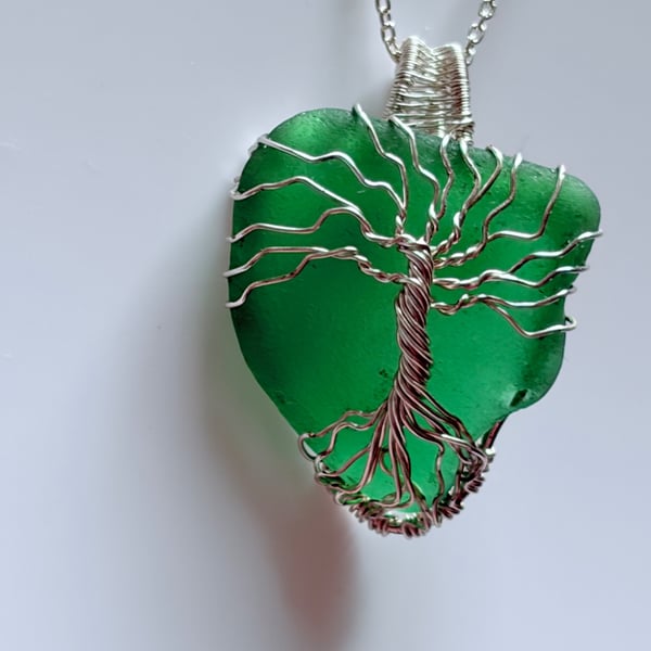 Sea Glass Necklace Gift for Her – Scottish Beachcombed Sea Pendant –Tree of Life