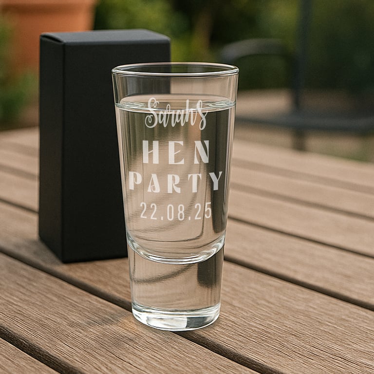 Personalised Hen Do Shot Glass – Swirl Script - Custom Engraved Hen Party Gift 