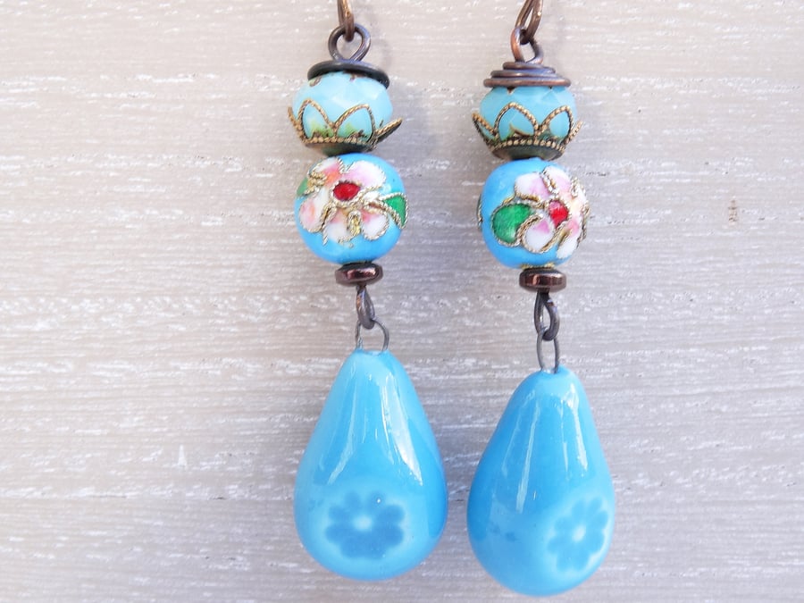 Ceramic Earrings, Cloisonne Earrings, Czech Glass Earrings, Turquoise Earrings. 
