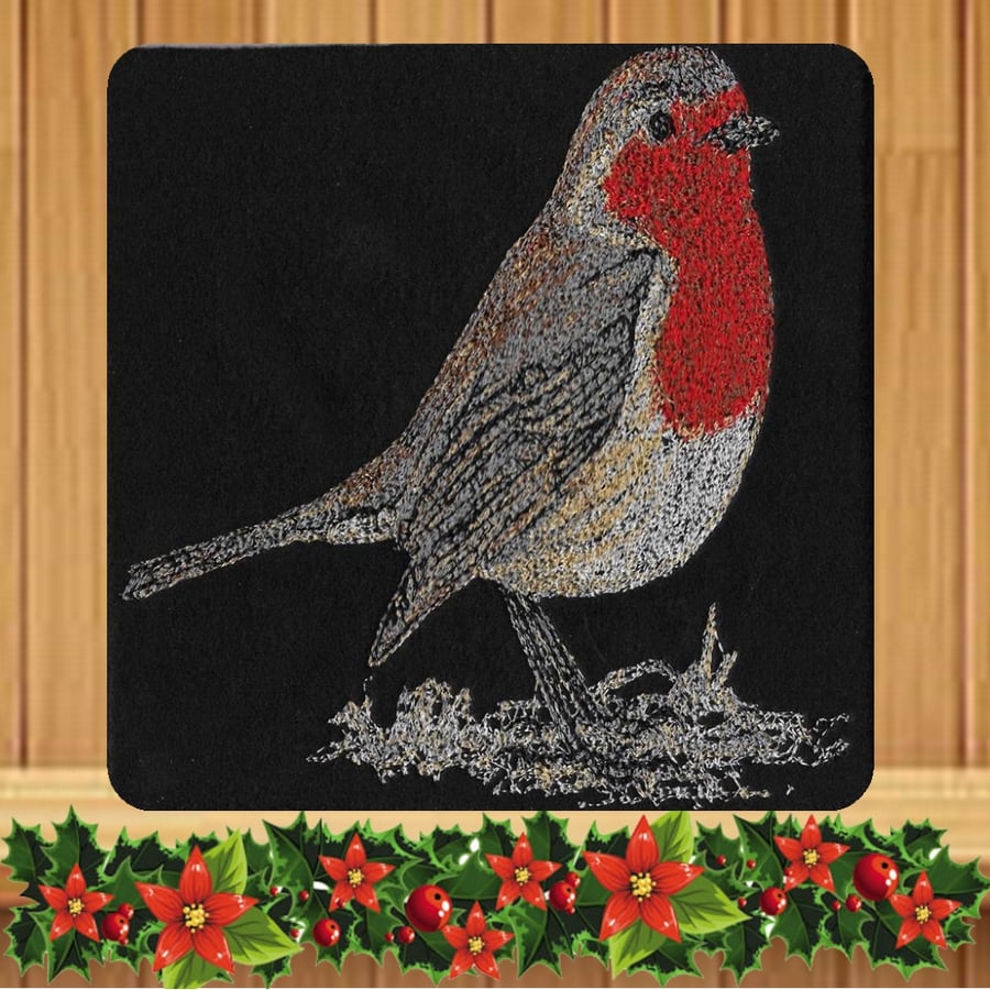 Handmade Robin Christmas card embroidered design with felt Background
