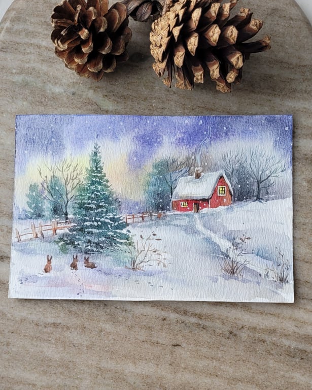 Original watercolor painting, Christmas, snow scene, holiday home decor