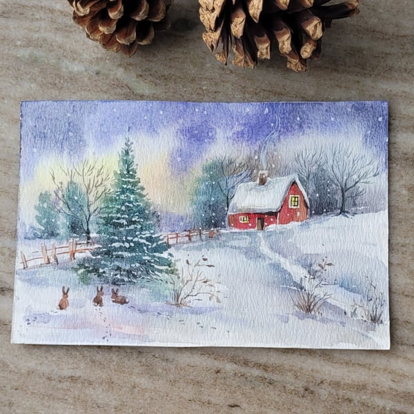 Original watercolor painting, Christmas, snow scene, holiday home decor