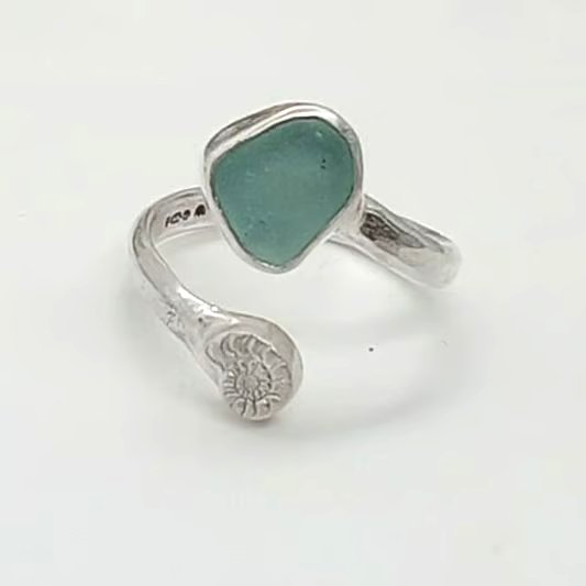 Ammonite and sea glass ring sterling silver wrap ring seaham sea glass