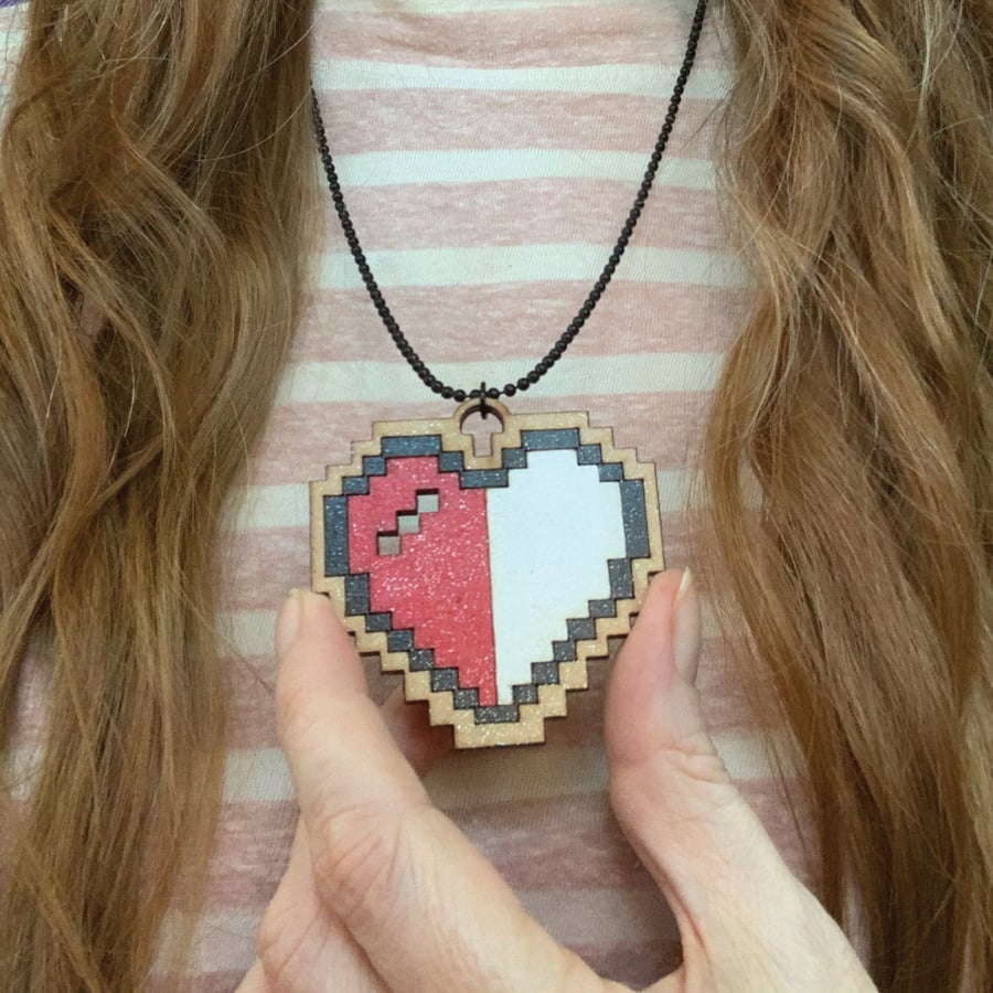 Pixel Heart Pendant Half Life, hand painted wooden 8-bit heart pendant