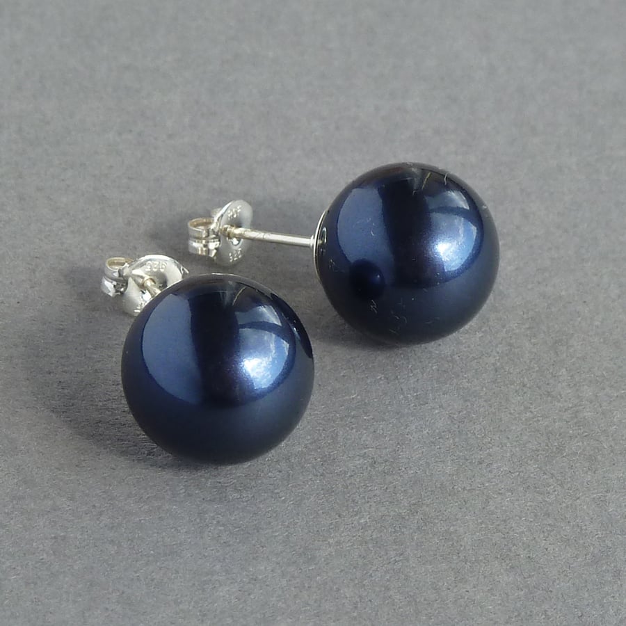 Chunky 12mm Navy Glass Pearl Studs - Simple Dark Night Blue Stud Earrings -Gifts