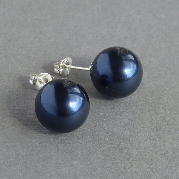 Chunky 12mm Navy Glass Pearl Studs - Simple Dark Night Blue Stud Earrings -Gifts