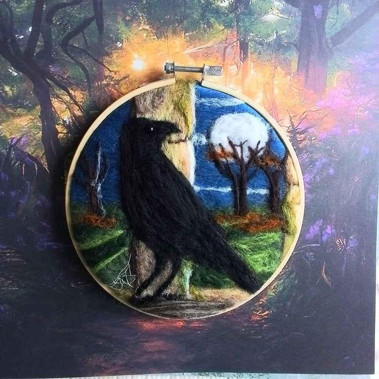 Needle felted picture of Raven in moonlight Halloween home decoration 