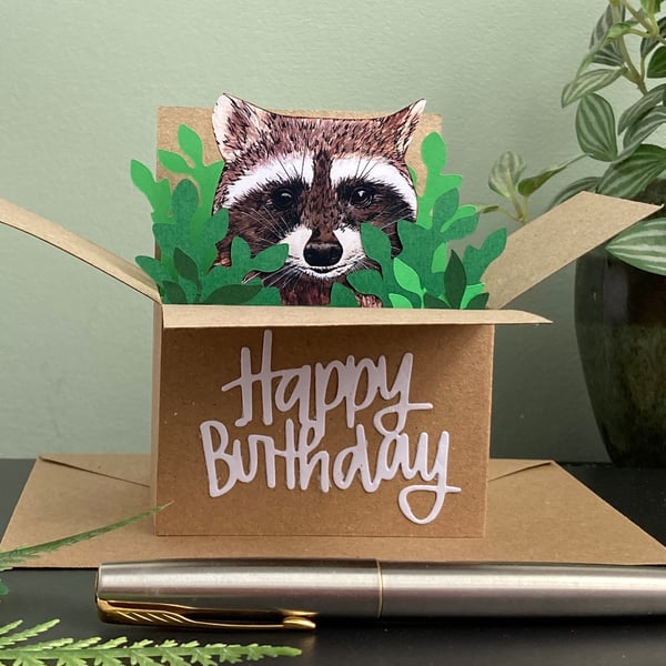 Raccoon Birthday Card or Personalised racoon 3D box card or gift card holder.