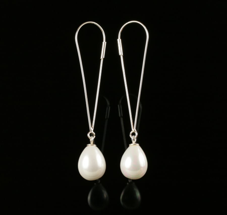 Long Sterling Silver Earrings with White Shell Pearl