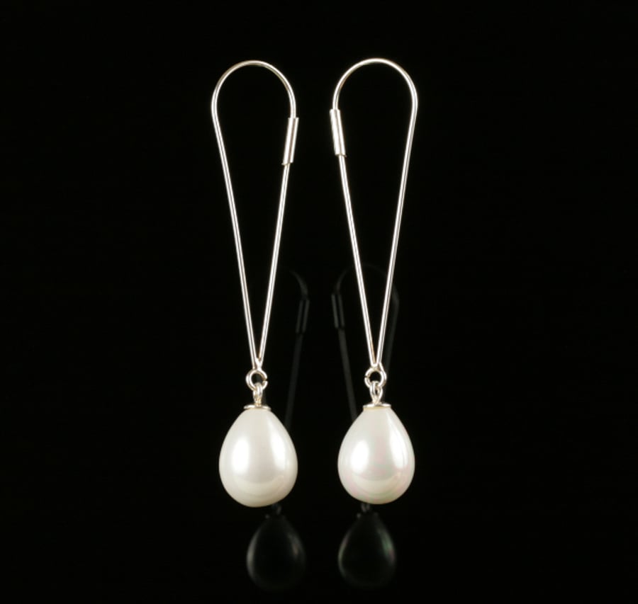 Long Sterling Silver Earrings with White Shell Pearl