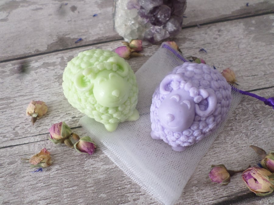 Handmade Set Of Two Fragrant Happy Sheep Soaps With Shower Wash Net