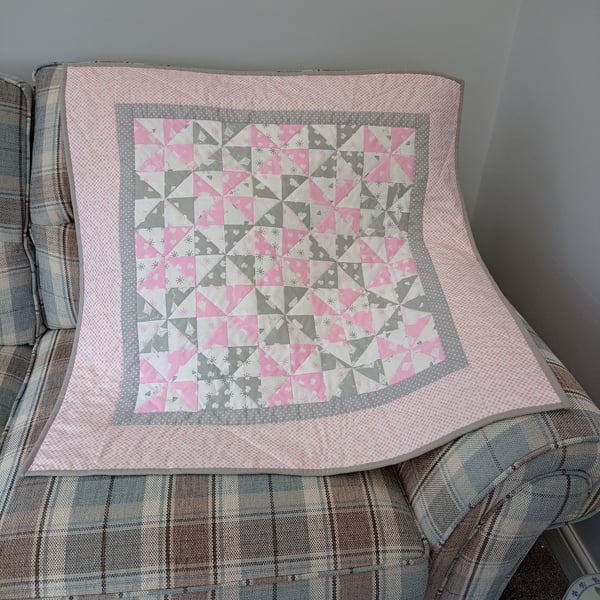 Pink and grey baby quilt sales