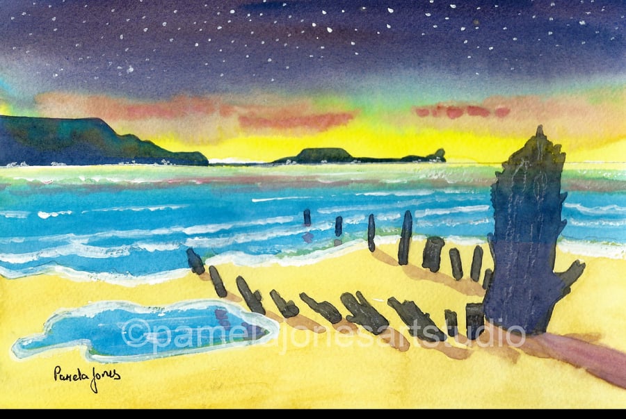 The Helvecia Wreck, Starry Sky, Rhossili Bay, Gower in 14 x 11'' Mount