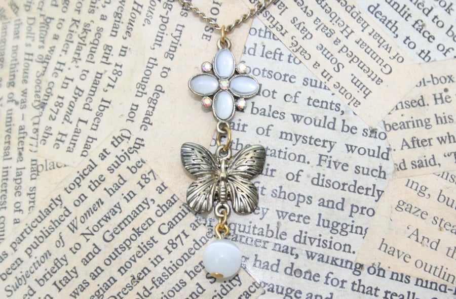 Gold Tone Butterfly Flower White Bead Necklace