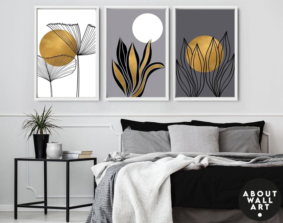 Home Decor wall art, Boho Botanical Set of 3 Prints, Above The Bed Wall Art, Wal