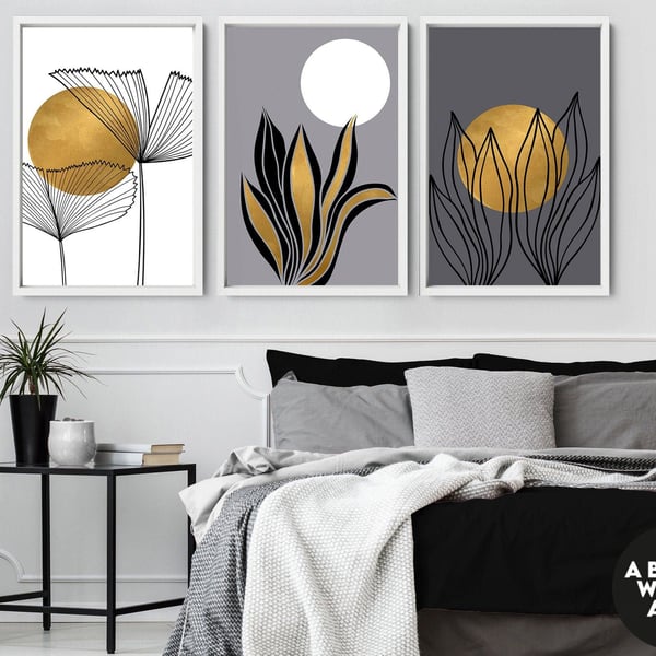 Home Decor wall art, Boho Botanical Set of 3 Prints, Above The Bed Wall Art, Wal