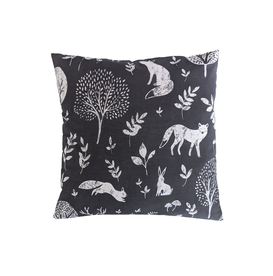 Cushion Cover in charcoal Grey Woodland Animals Print 16" Fox Rabbit Stag Deer