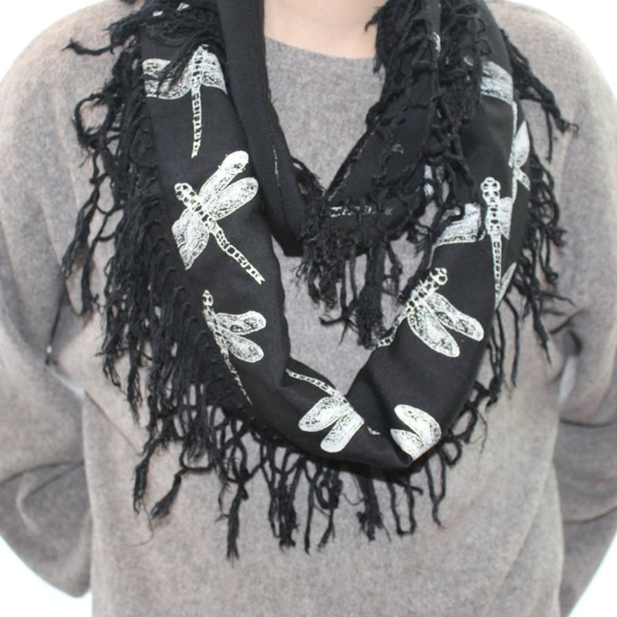  Navy Blue scarf,Eco infinity scarf,dragonfly print, soft loop scarf, gift