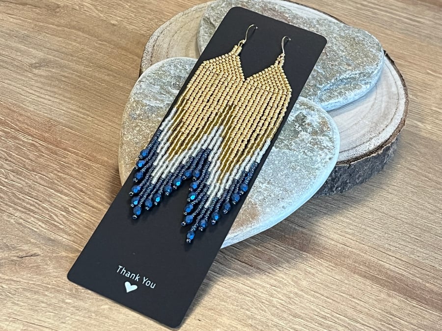 Long gold and blue beaded fringe earrings 