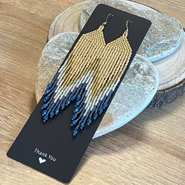 Long gold and blue beaded fringe earrings 