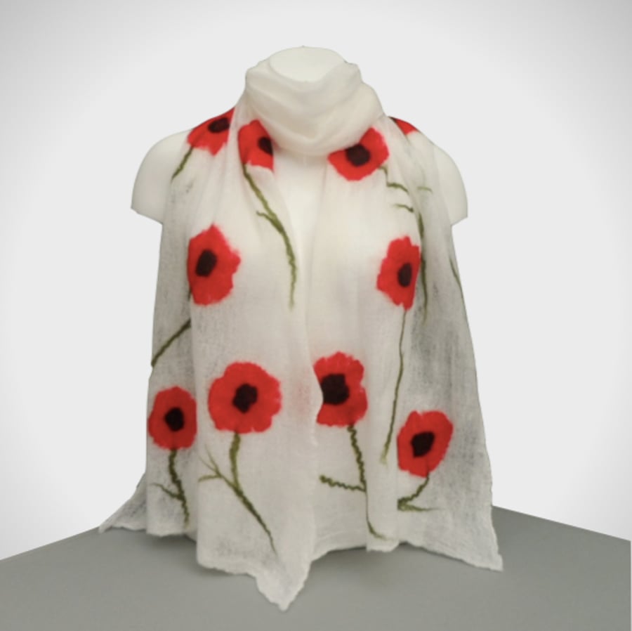 Long white nuno felted cotton scarf, gift boxed, merino wool with poppies