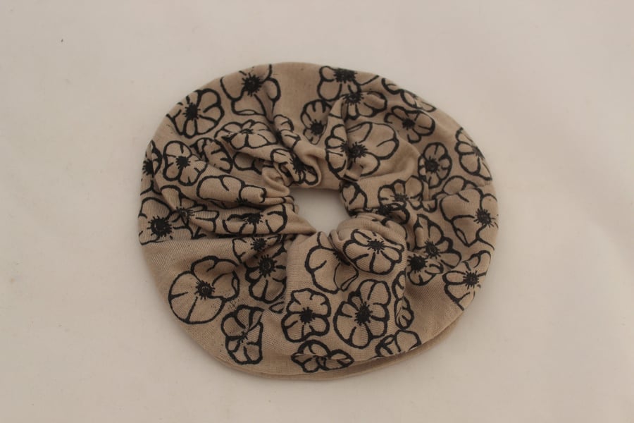 Elastic cream & black hair scrunchie hand print floral,Eco hair accessory,gift
