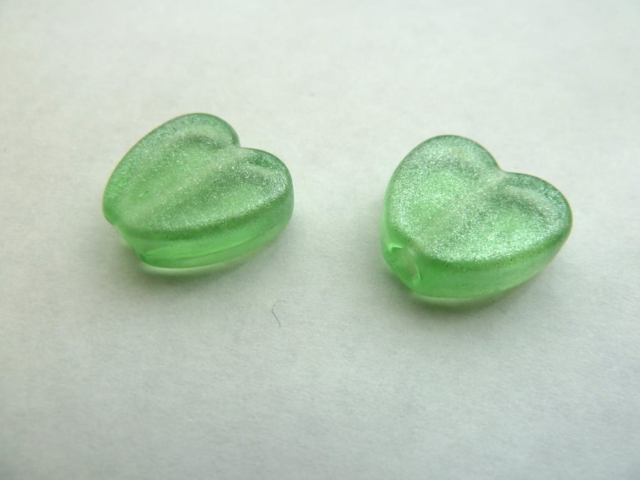 SALE green heart lampwork glass bead pair