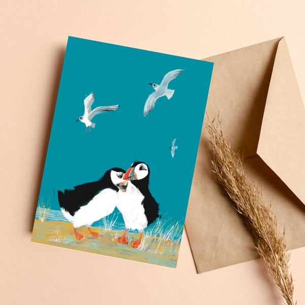 Blank greeting card puffin coastal artwork
