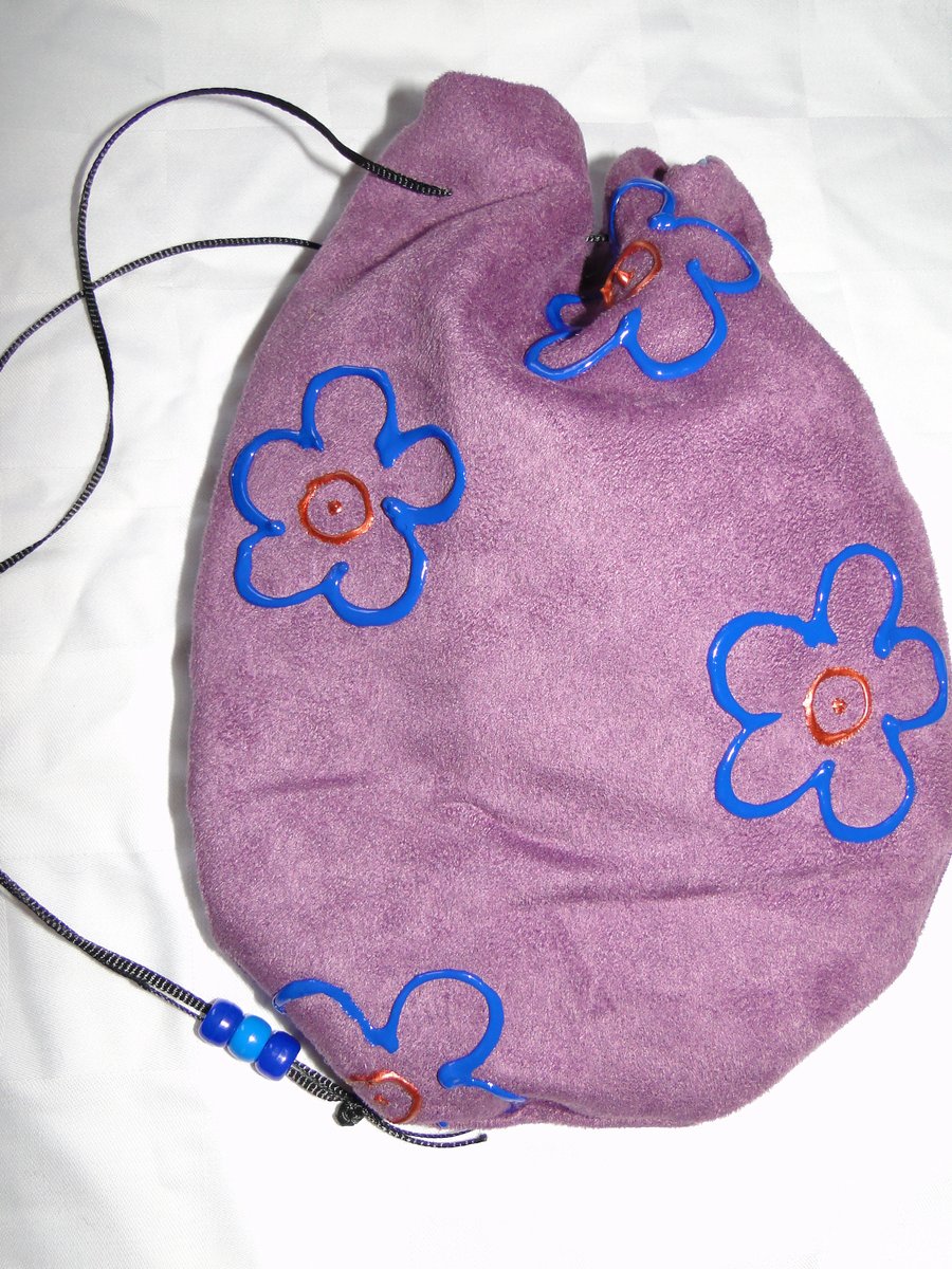 Sale Hand Painted Flower Lilac Purple Drawstring Bag Purse