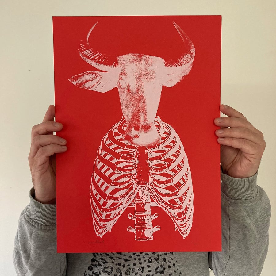 Screen Printed Poster - 'Minotaur (White on Red).'