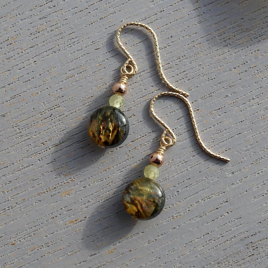 Abalone Shell and Green Tourmaline Earrings - Sparkly 14k Gold Filled ...