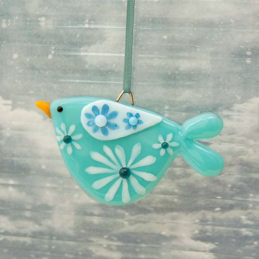 Fused Glass Little Flowery Bird Decoration