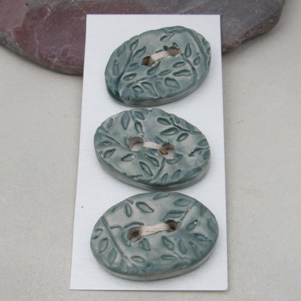 3 Medium Oval Sage Green Leaf Pattern Ceramic Buttons