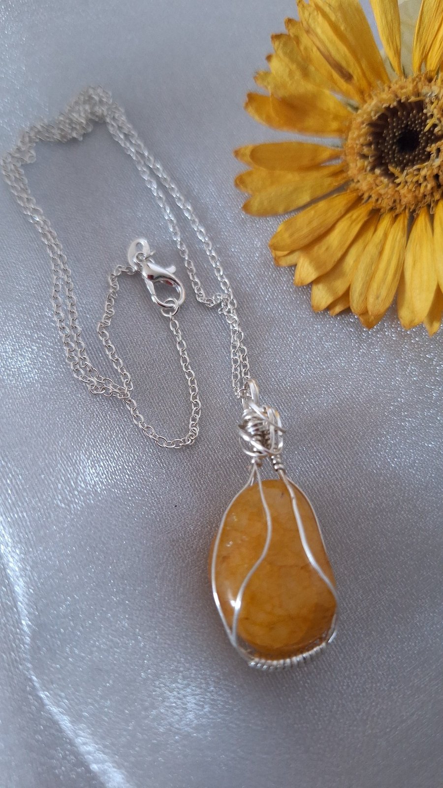 Handmade Yellow Gemstone Pendant - Wire Wrapped Necklace - 925 Sterling Si