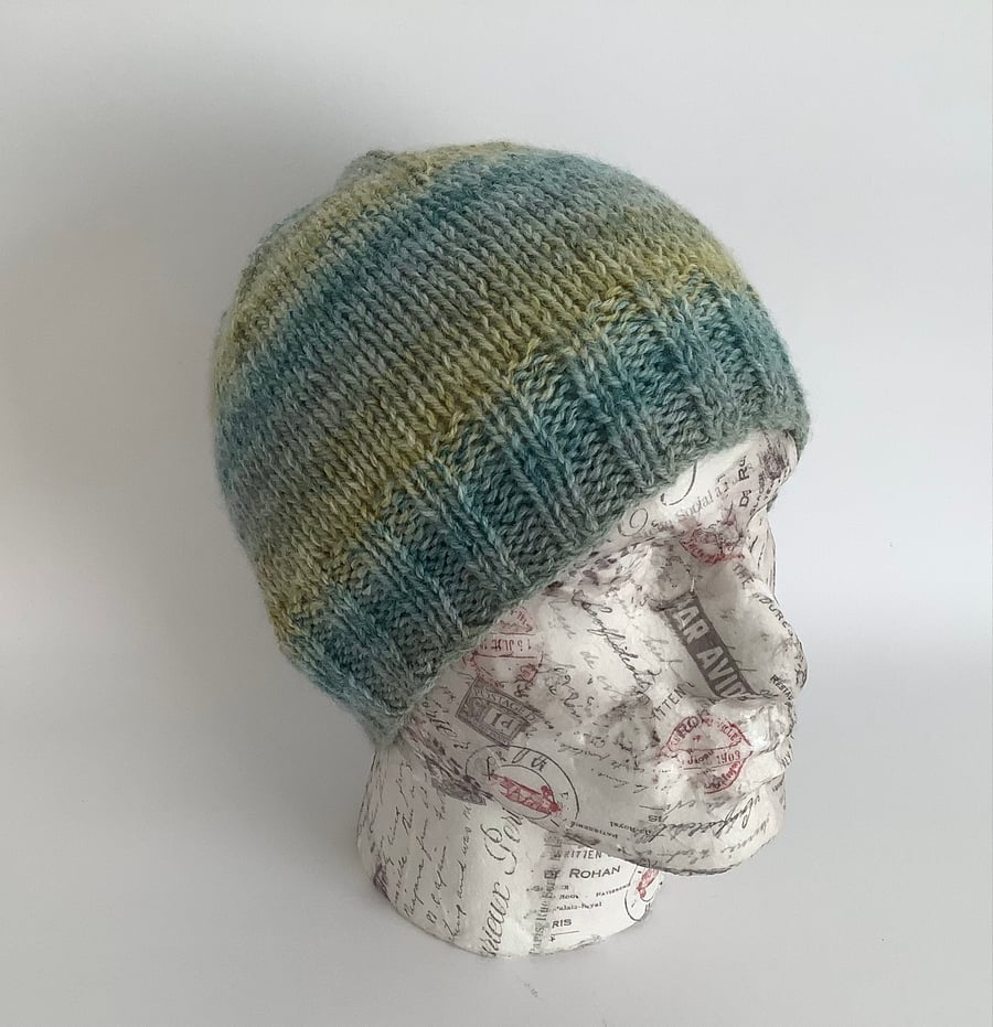 BEANIE HAT .'The Crofter'  Unisex .Wool  blend. Knitted. Green,blue.