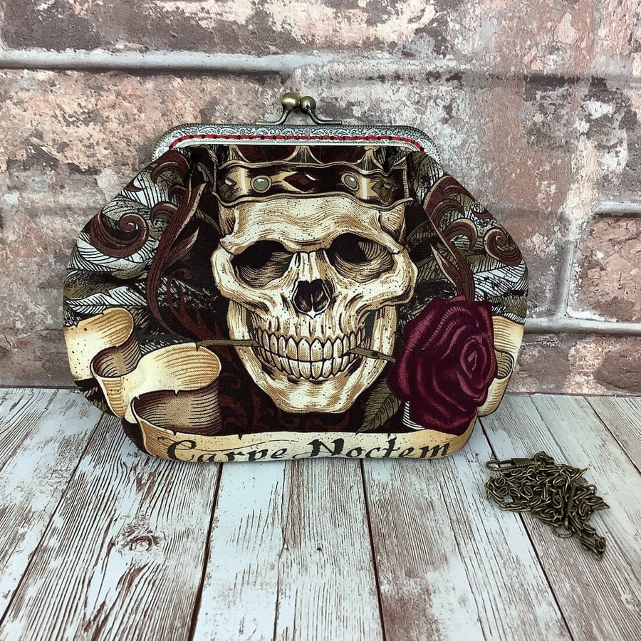 Gothic Skulls Carpe Noctem small fabric frame clutch makeup bag handbag purse