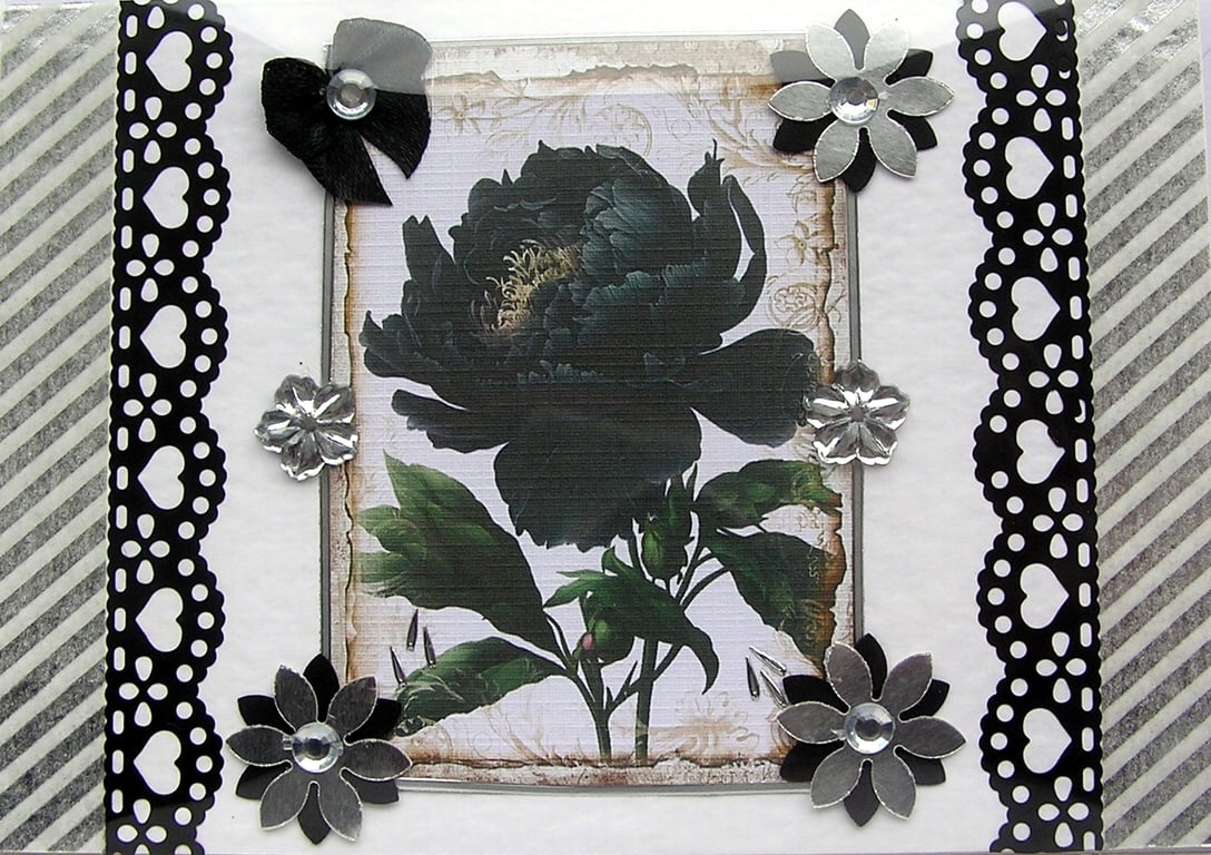 Black Peony - Hand Crafted Decoupage Greeting Card - Blank 2839