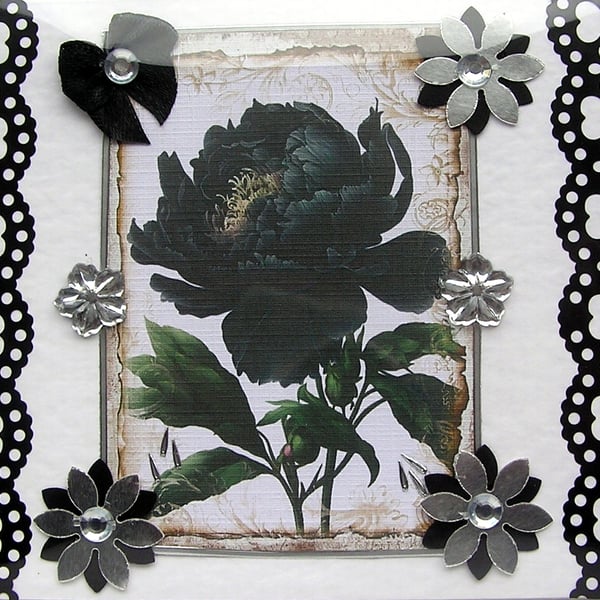 Black Peony - Hand Crafted Decoupage Greeting Card - Blank 2839