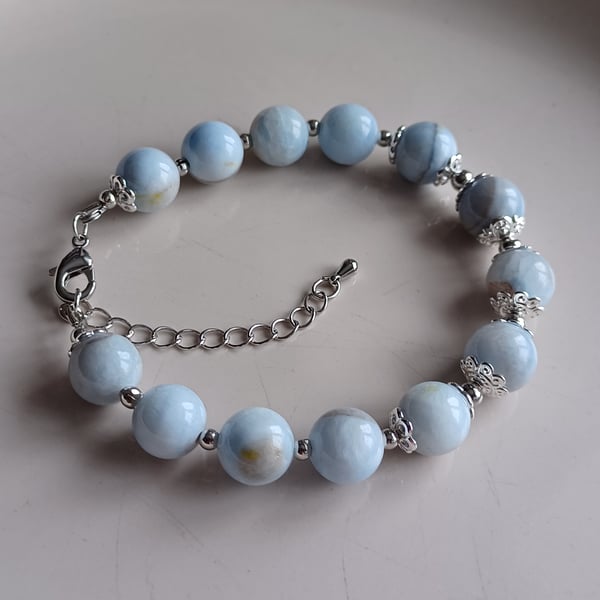 Blue Lace Agate Beaded Bracelet, Calming Stone Jewelry