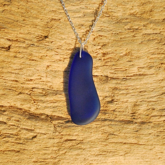 Long blue beach glass pendant - Folksy